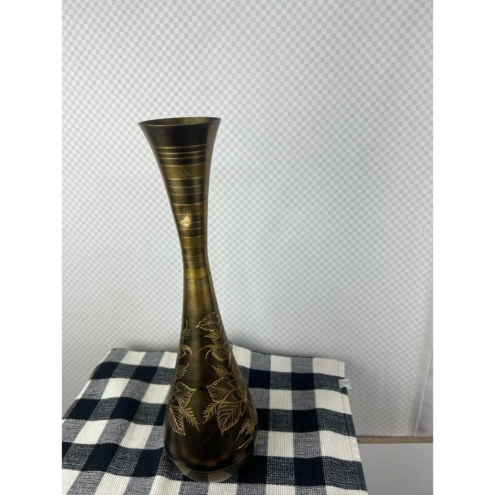 Vintage Etched Brass Floral Vase Tall Bud Vase Gold Tone Boho Decor 15